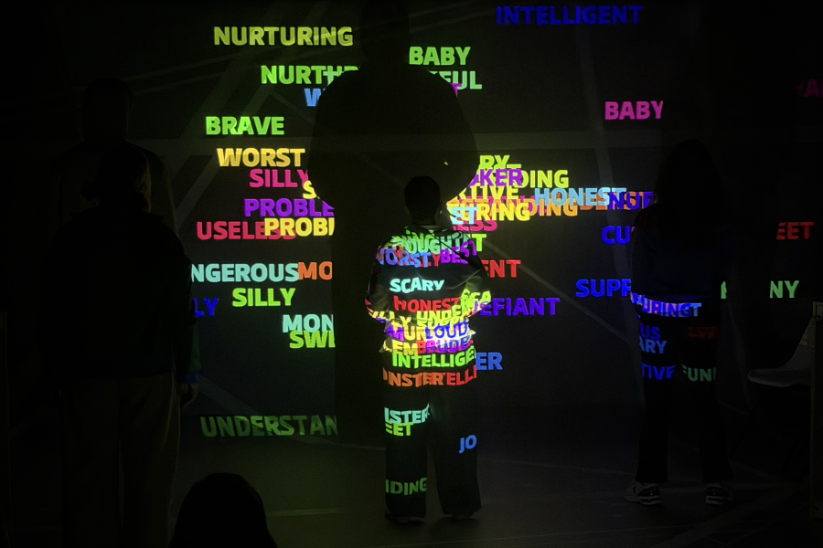 Lots of colourful words projected onto a black backdrop